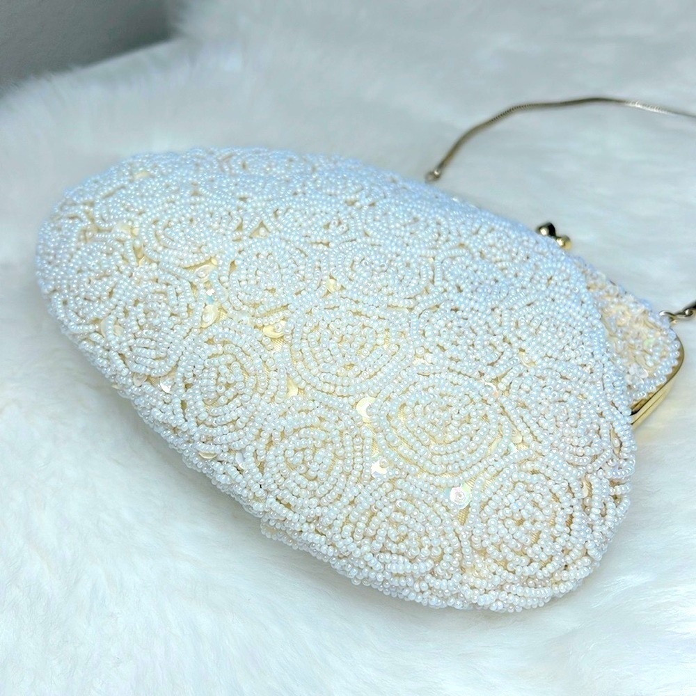 Mid Century Vintage Beaded Sequin Kisslock Evening Handbag Snake Chain Purse - Picture 4 of 16